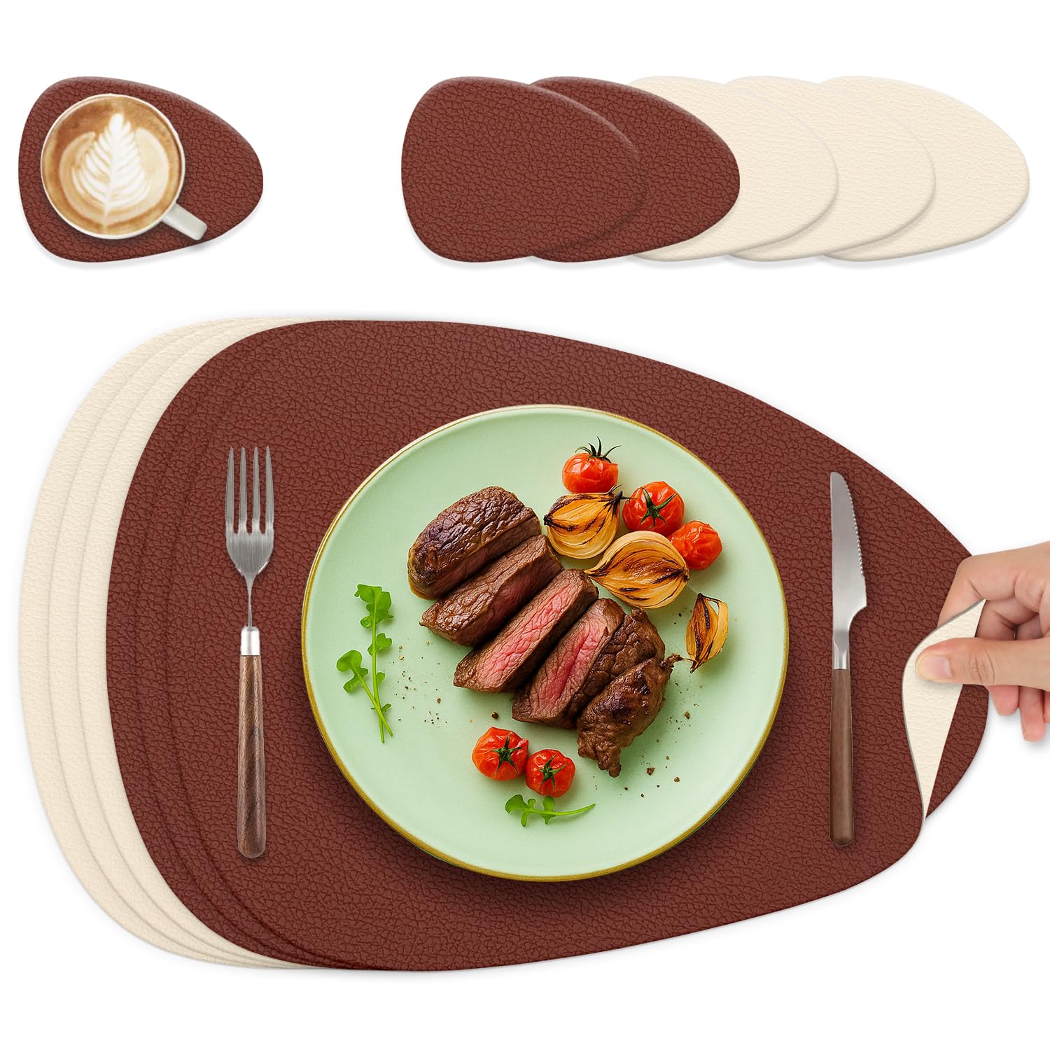 Tischsets Abwaschbar und Untersetzer, Oval Platzset Leder Platzdeckchen Abwaschbar Doppelseitigen Tischsets Umkehrbares Tischset rutschfest Lederoptik
