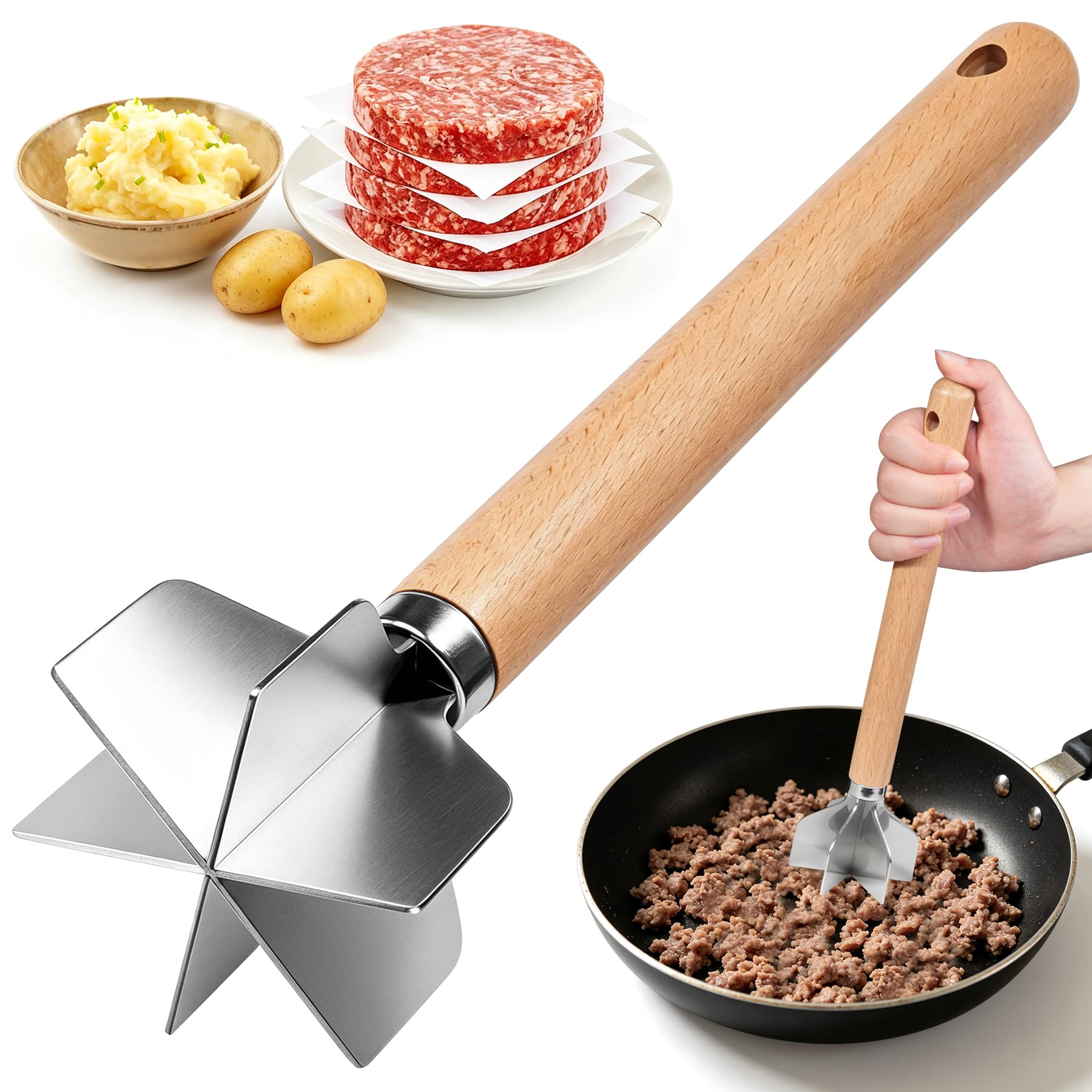 Mince Masher 304 Stainless Steel, Wooden Handle Ground Beef Meat Chopper with 6-Blade Head, Heat-Resistant Hamburger Meat Masher, Meat Shredder Potato Masher Tool for Kitchen Cooking Vegetable Puree