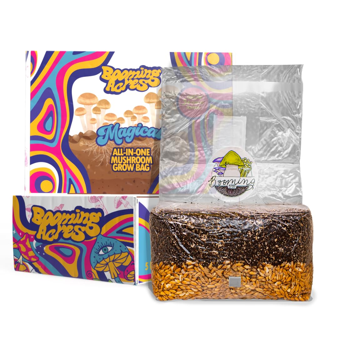 Booming AcresThe Magical 5lb All in One Mushroom Growing Bag Kit | Harvest Your own Happiness | Discover The Magic of Growing Mushrooms [5lb Grow Bag]