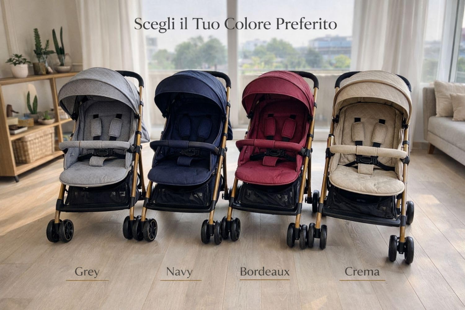 Passeggino Leggero Pieghevole 0-36 Mesi – Chiusura a Una Mano, Schienale Reclinabile, Cintura 5 Punti, Barra Removibile, Cappottina Imbottita, Compatto da Viaggio fino a 20 kg – 4 Co