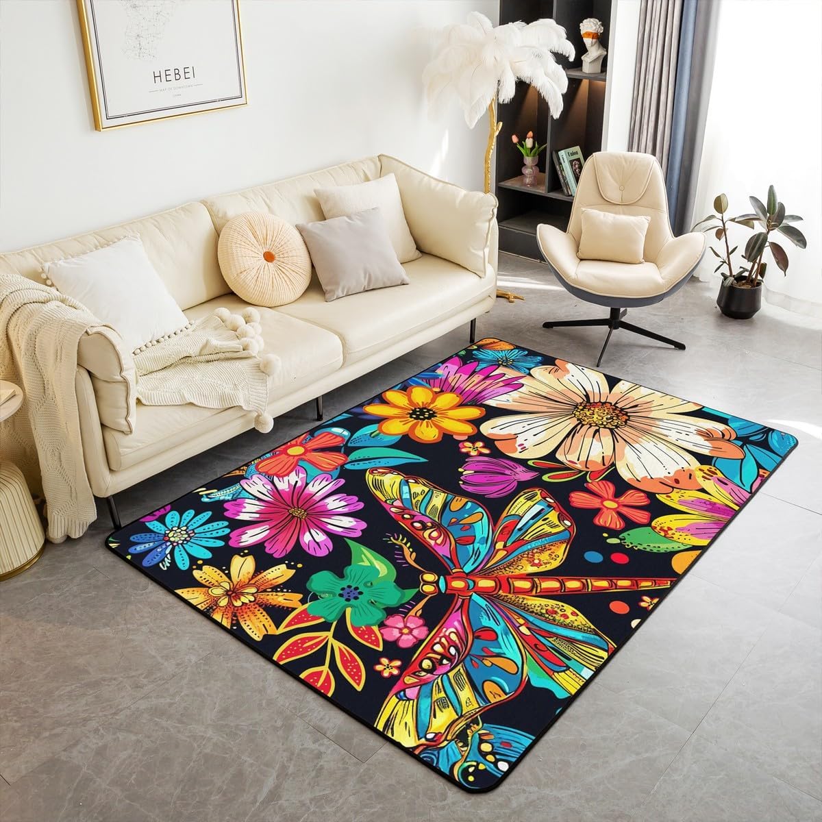 Erosebridal Dragonfly Area Rug 3x5 Colorful Daisy Floral Carpet Nature Animal Flowers Theme Indoor Floor Mat for Kids Boys Girls Bohemia Watercolor Style Decorative Rug for Dining Room Under Table