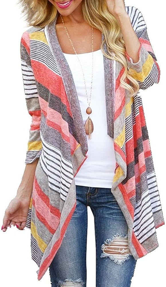 DEARCASE Women's 3/4 Sleeve Cardigans Striped Printed Open Front Draped Kimono Loose Cardigan at  Women’s Clothing store