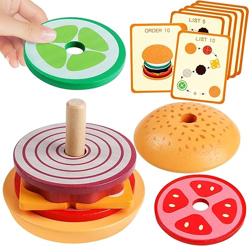 Miniatura 1 de HOONEW Montessori Juguetes para niños de 3 años de edad, juguetes apilables para clasificar hamburguesas de madera para niños pequeños, juguetes