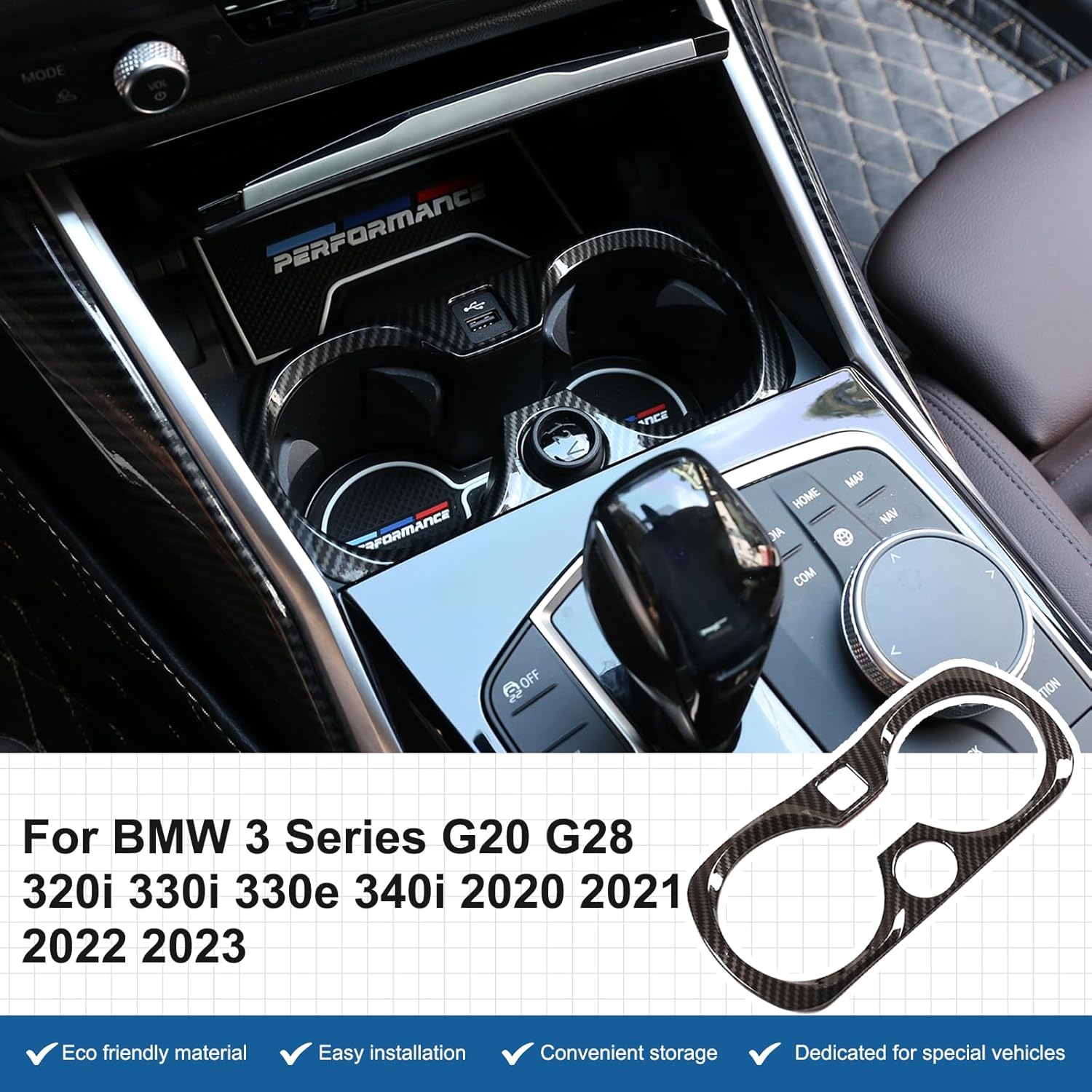 Car Cup Holder Panel Trim Frame Compatible with BMW 3 Series G20 G28 2020-2022,ABS Center Console Front Water Cup Holder Cover Interior Decoration Accessories 1PCS (Carbon Fiber Pattern)