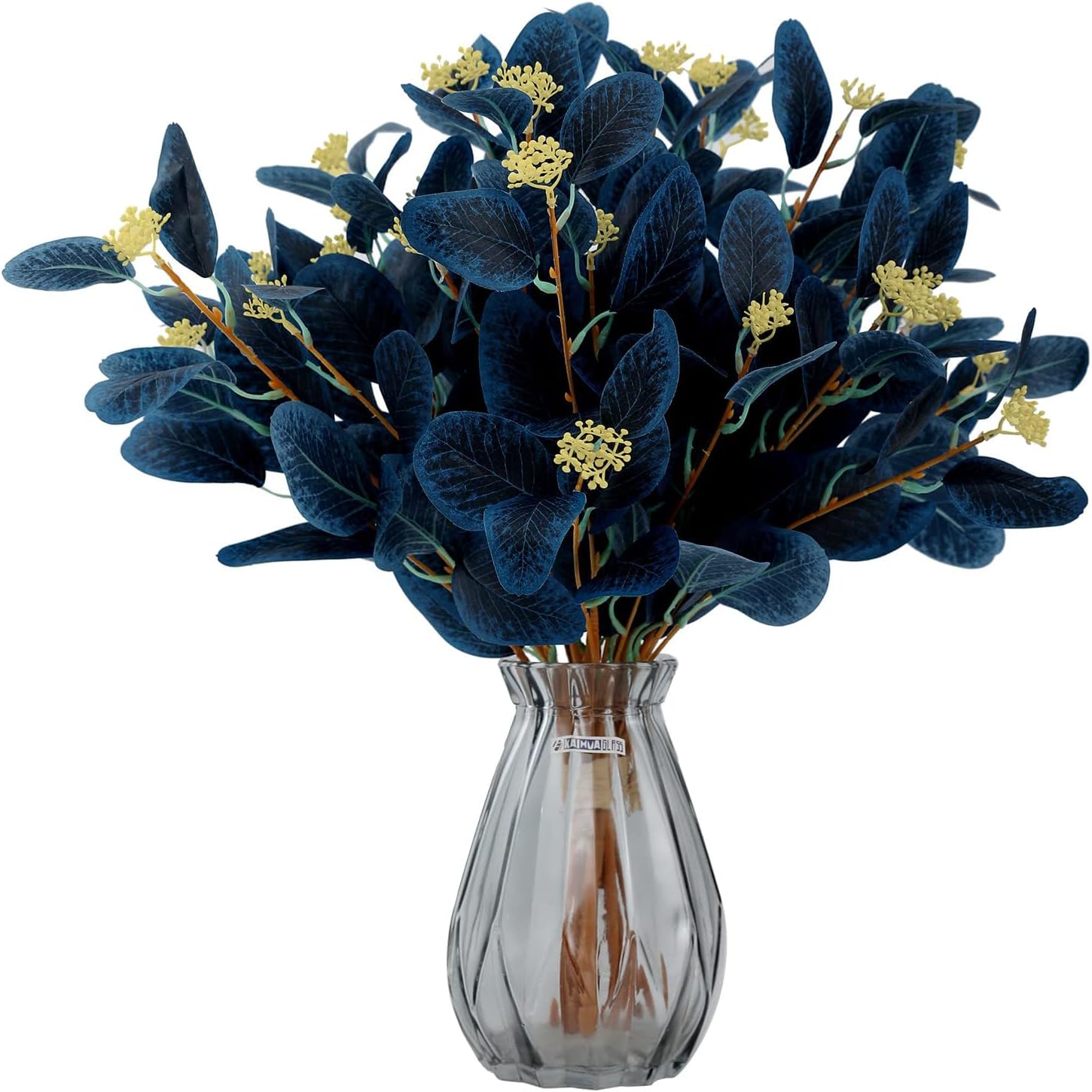 12Pcs Artificial Eucalyptus Stems, 20" Fake Silk Eucalyptu Leaves with Berries, Greenery Plants Floral Decorations for Boho Home Decor Flowers Arrangement Vase Party Wedding (Navy Blue)