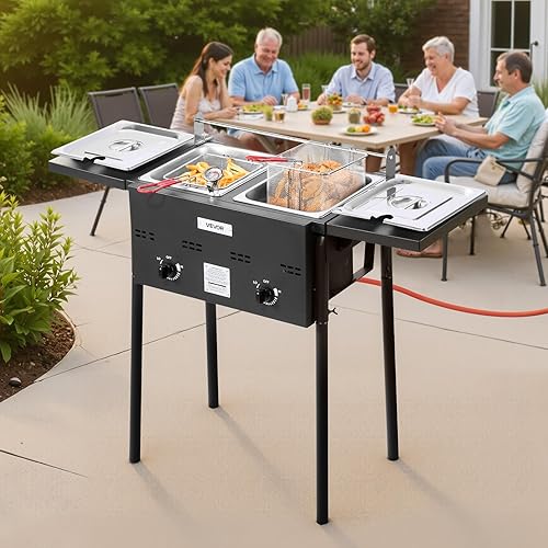 Miniatura 8 de VEVOR Freidora de propano para exteriores, freidora comercial de doble tanque 8QTx2, cocina de acero inoxidable con plataforma plegable, cesta doble