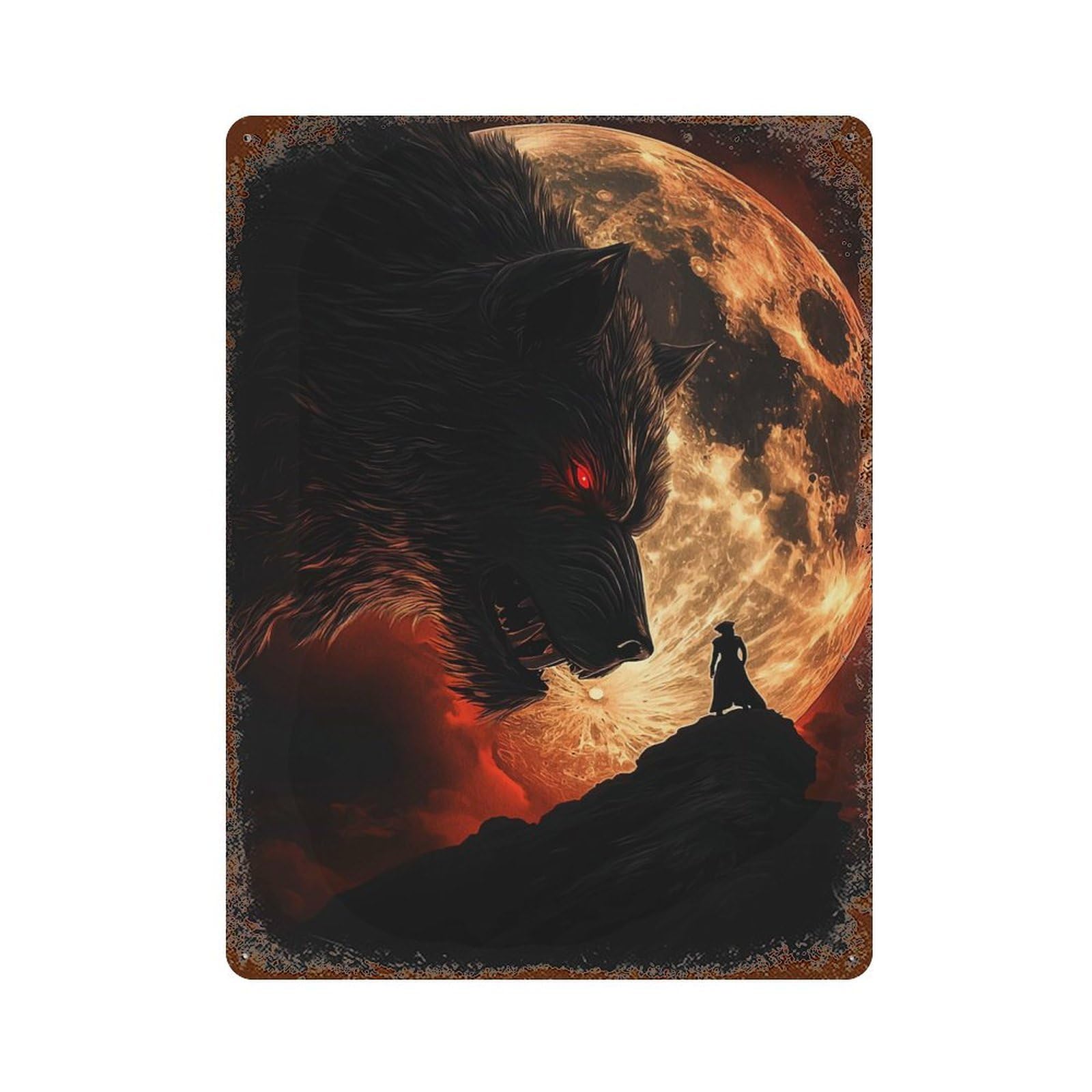 Werewolf Confrontation Under A Fiery Moon Rustic Tin Plaque 15.7"x11.8", for Pub, Kitchen And Man Cave Decor, Vintage Wall Decor