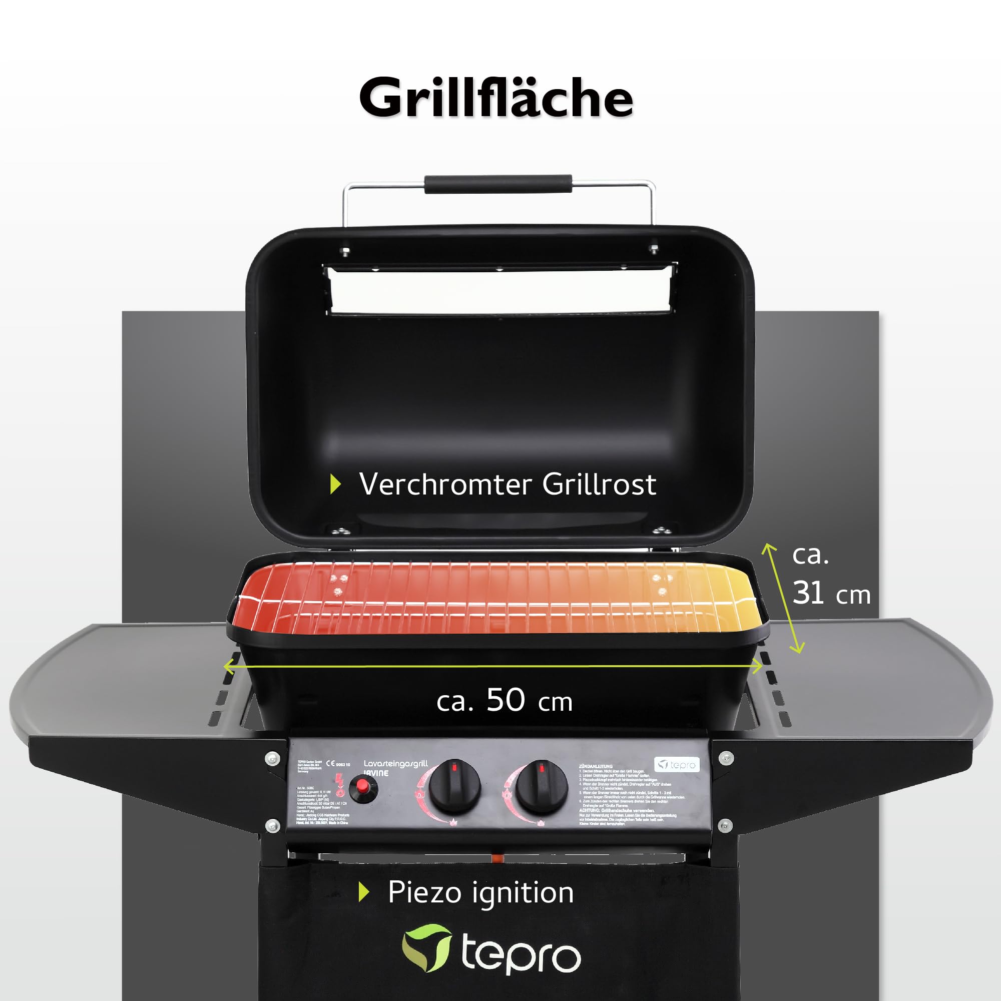 tepro Grill gazowy z lawy wulkanicznej Irvine, moc całkowita maks. 5,4 kW, powierzchnia grillowania: ok. 50 x 31 cm