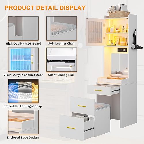 Miniatura 6 de Escritorio de tocador con estación de carga y taburete oculto, mesa de maquillaje con espejo abatible y luces, tocador con sensor de cuerpo humano y