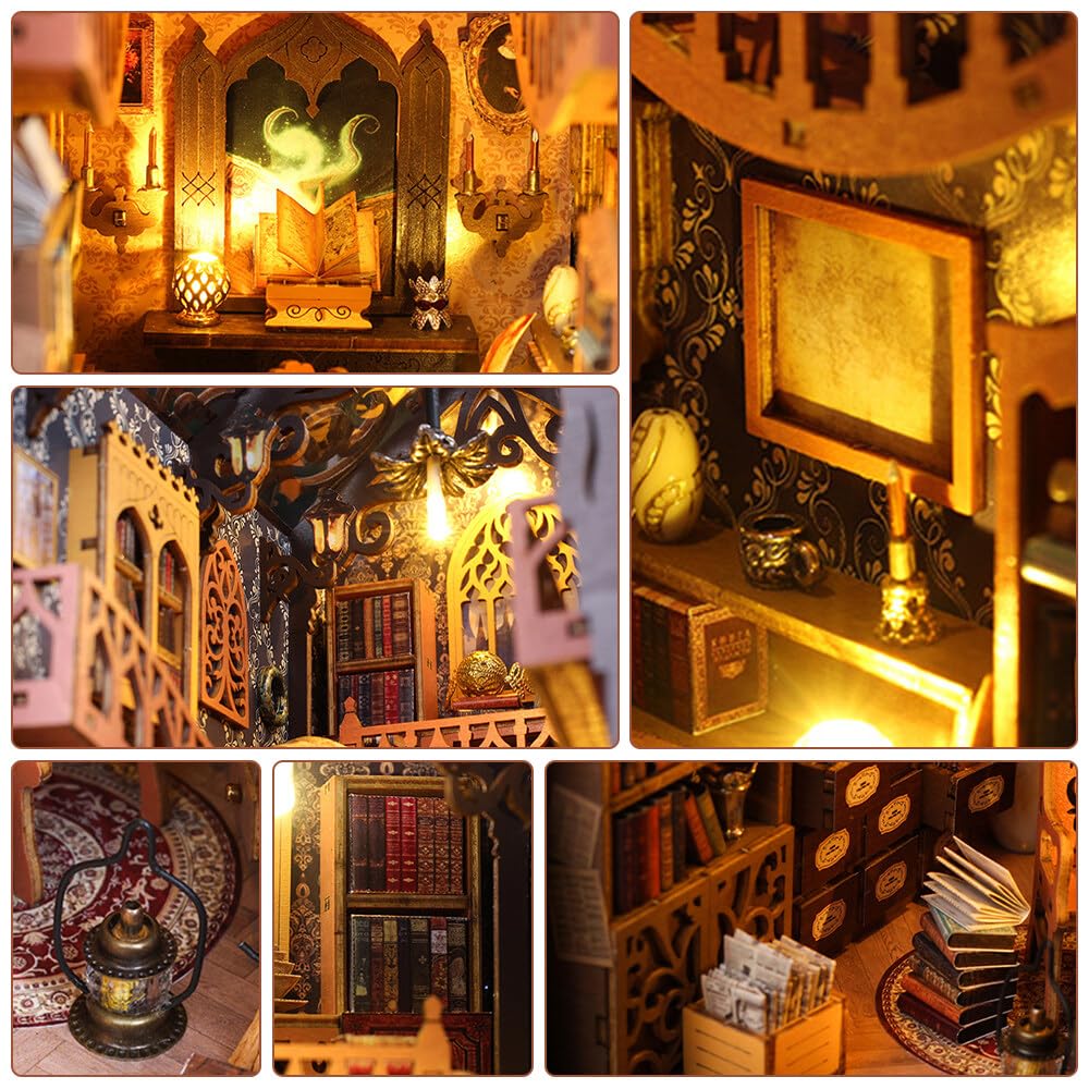 Nook-1 domek dla lalek, miniaturowy domek dla lalek, miniaturowy świat z oświetleniem LED, drewniane puzzle 3D, kącik regałowy, wkładka do książek, dekoracja biblioteki i prezenty