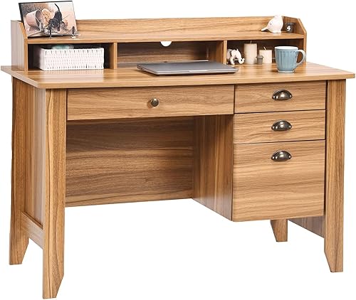 Vista 4 de Catrimown Computer Desk with Drawers and Hutch, Farmhouse Home Office Desk with File Drawer,Student Girls Desks,Teens Writing Table, Small Computer