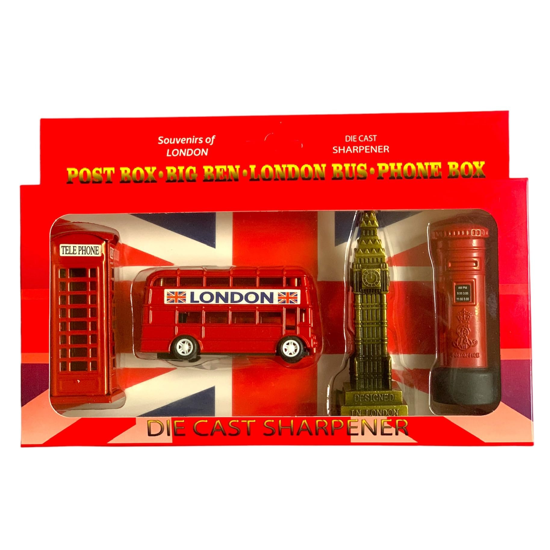 London Souvenir - Set di temperamatite (confezione da 4), Big Ben, autobus, cabina telefonica e cassetta postale, regalo per bambini, materiale scolastico, set regalo di temperamatite pressofuso da