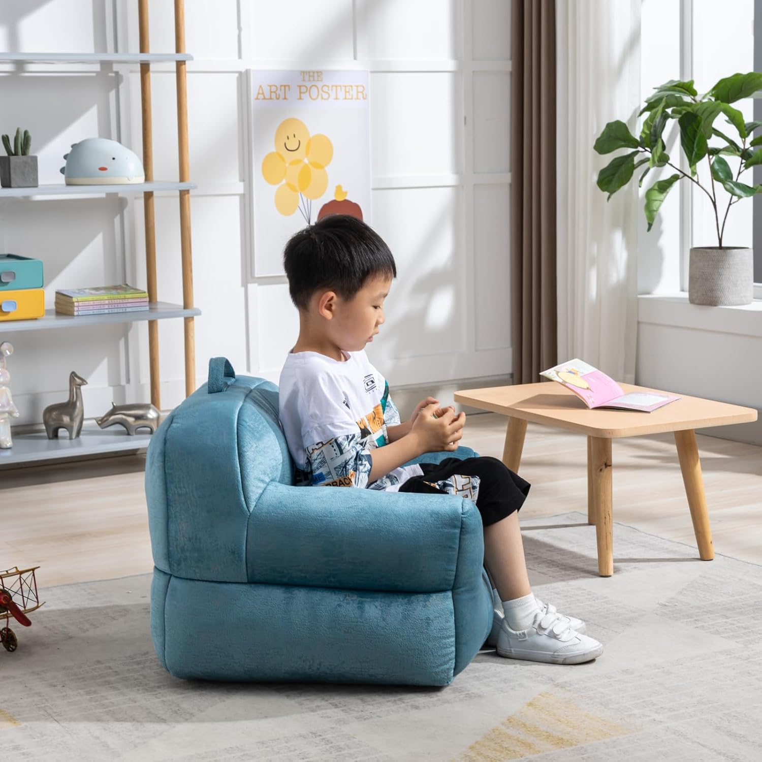 Bean Bag Chair, Comfy Velvet Fabric Beanbag Chair, Soft Stuffed Bean Bag Chair with Top Carry Handle, Beanbag Chair for Boys and Girls Teens Blue