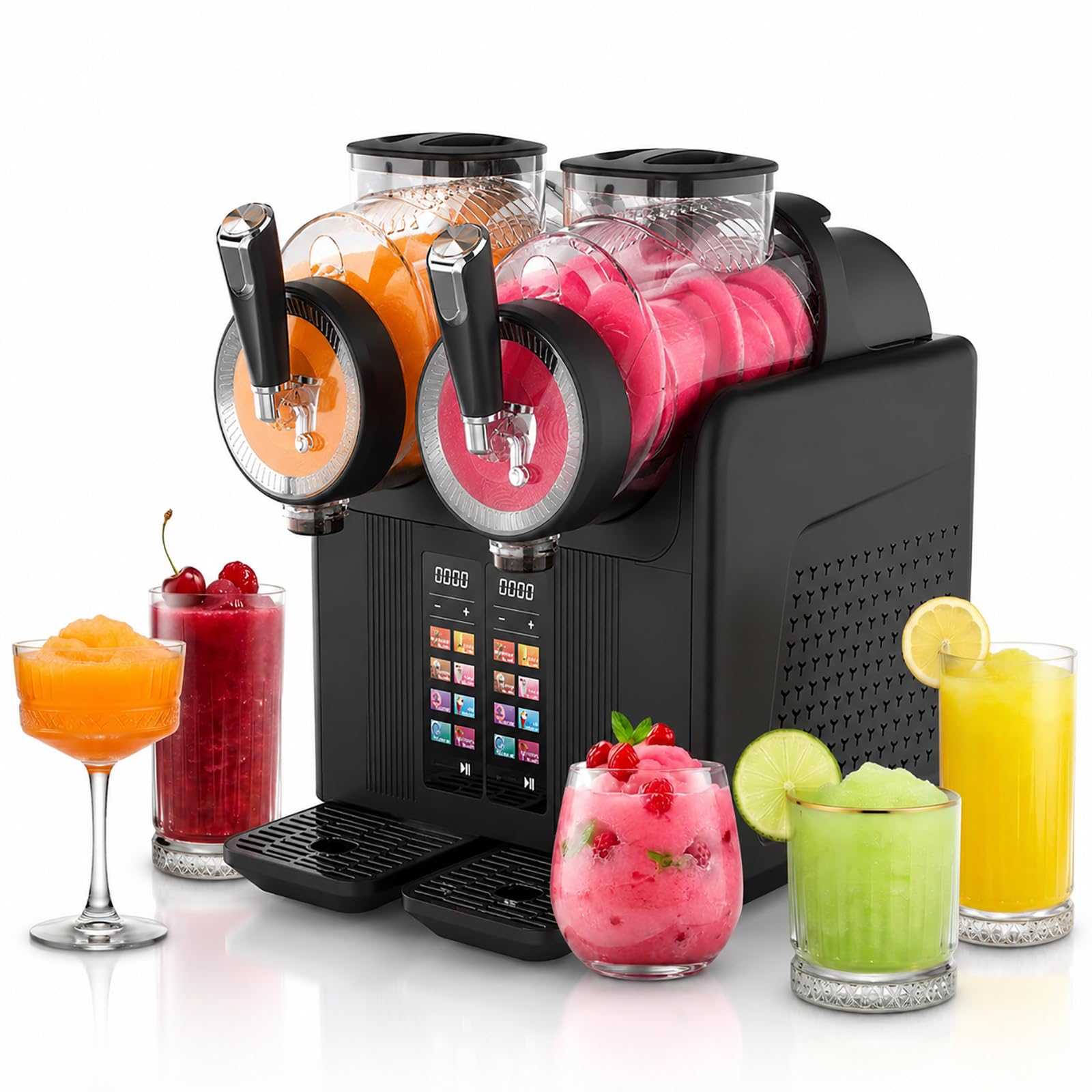 RoyceBee 2 * 2L Slush Machine for Home and Commercial Use, Frozens Beverage Maker, Adjustable Slush Consistency, Automatic Cleaning System, Countertop Frozens Drink Machine for Cafes, Bars Black