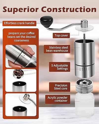 Miniatura 5 de Molinillo de café manual de acero inoxidable para goteo, prensa francesa, 5 ajustes ajustables, molino de mano con rebabas integradas, para uso