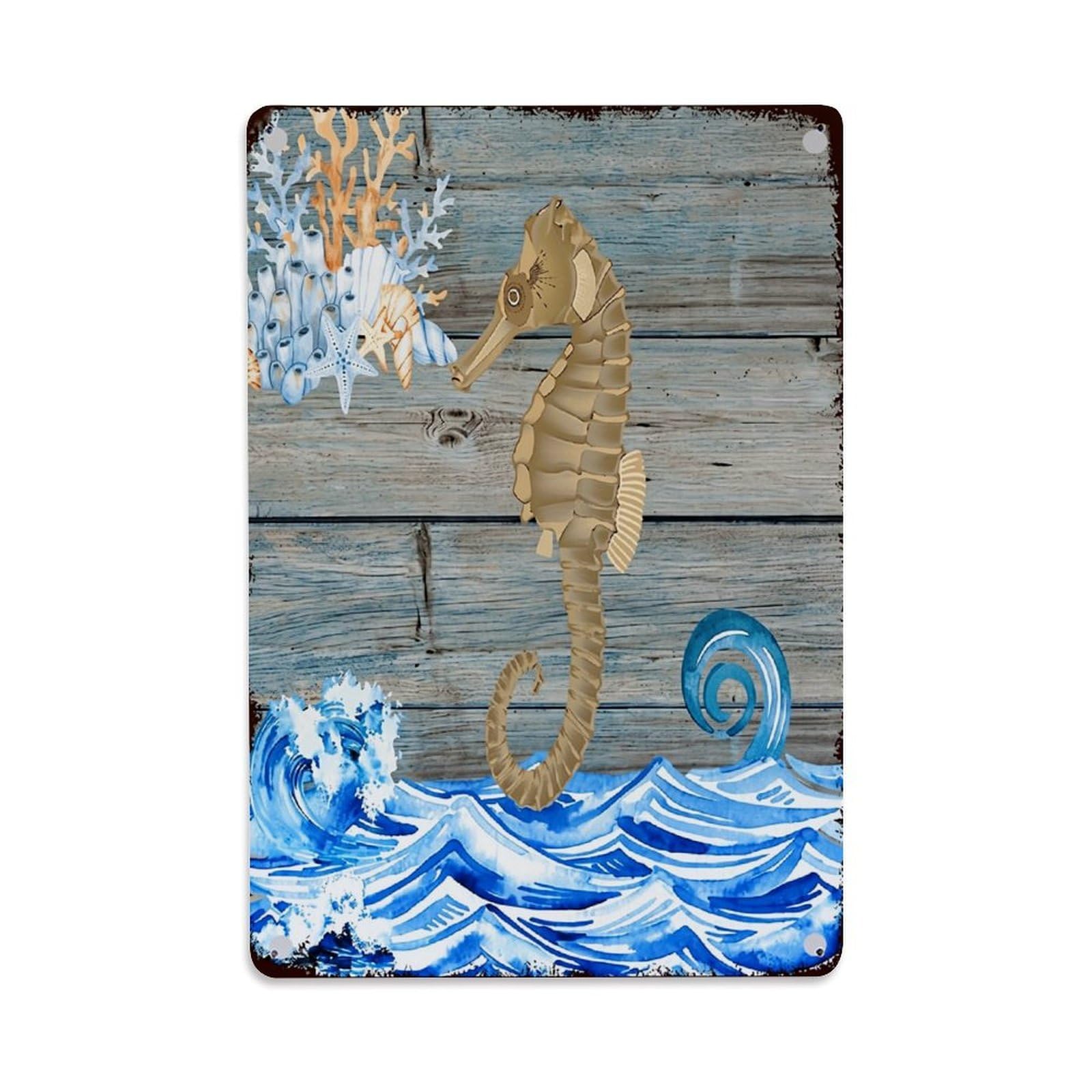 Jdfenggu Vintage Seahorse Waves Coral Starfish Wood Retro Metal Tin Sign, Decor Art Poster For Bar, Home, Man Cave, Kitchen, Laundry Room Gift 8X12inch