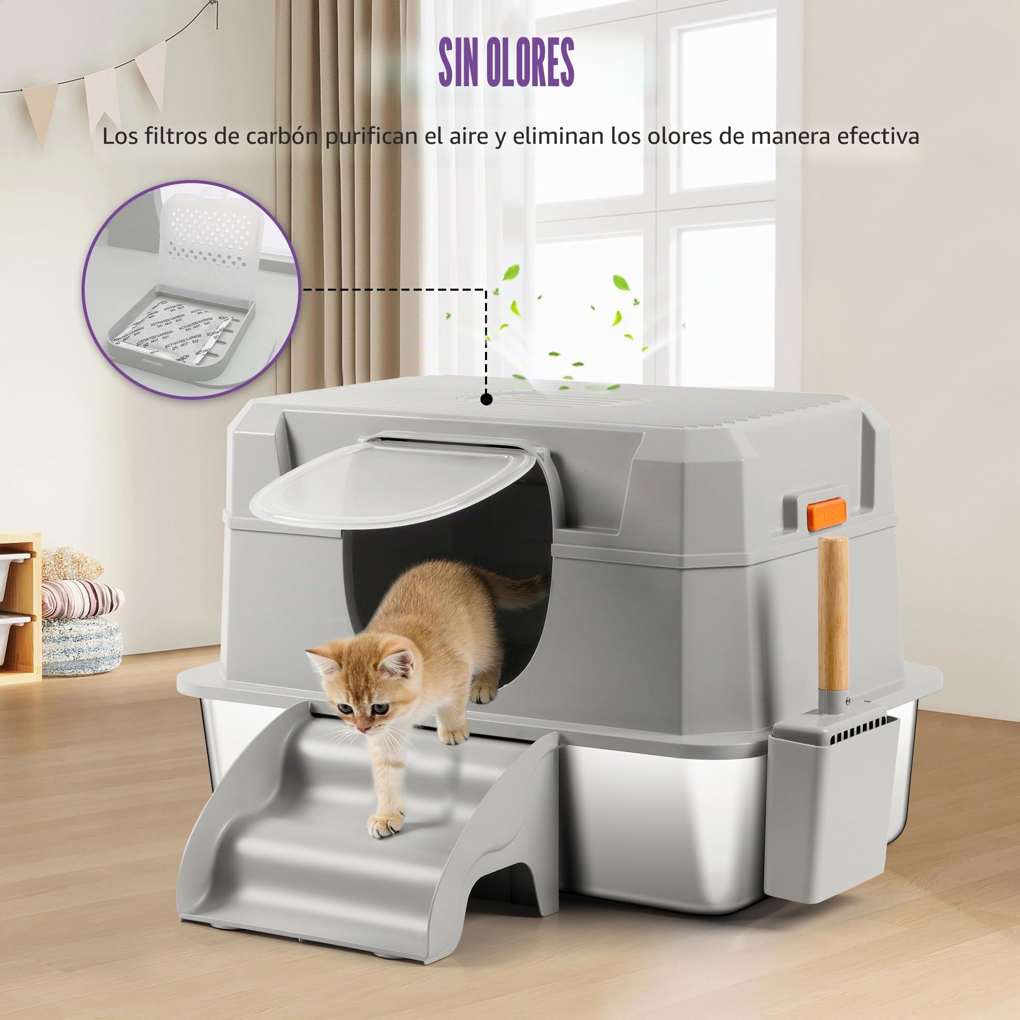 Arenero para Gatos de Acero Inoxidable para Gatos con Tapa, Caja de Arena Metálico Extraíble XXL con Tapa, Cuchara, Escalón, No Pegajoso, Sin Olores, Fácil de Limpiar (Gris Claro)