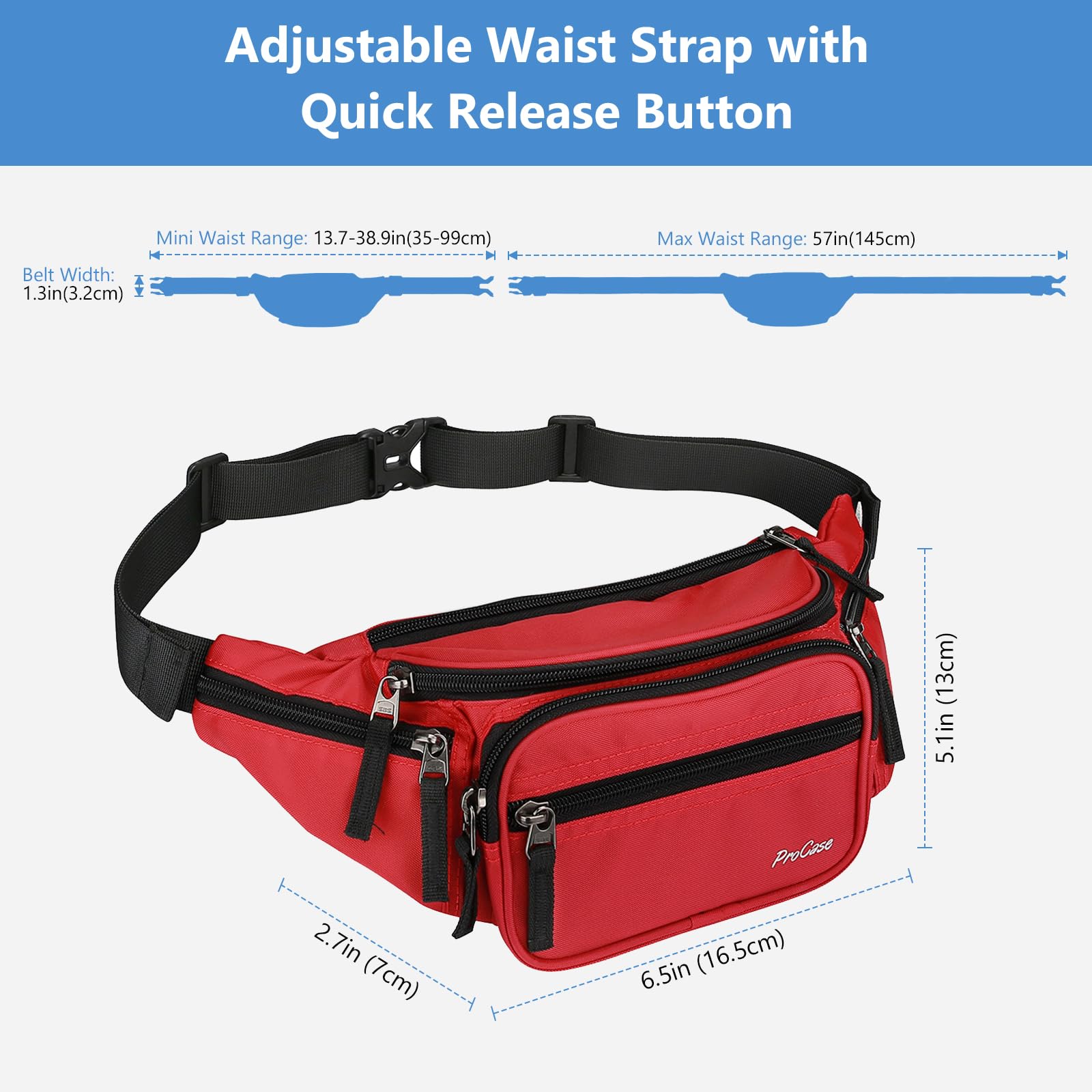 ProCase Marsupio Uomo Nero con 6 Tasche, Marsupio da Lavoro Sportivo Viaggio Trekking, Fanny Pack Bag in Nylon con Cinturino Regolabile e Fibbia a Sgancio Rapido