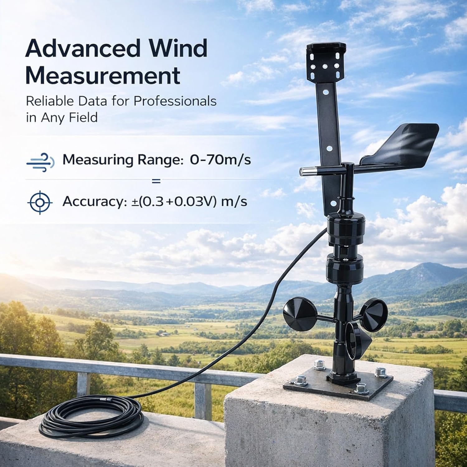 Wind Speed Direction Sensor, 3 Wind Cups, IP64 Waterproof, Aluminum Alloy Shell, 9V - 30V Power - High Accuracy Measurement, RS485 Modbus Output, Suitable for Outdoor and Industr