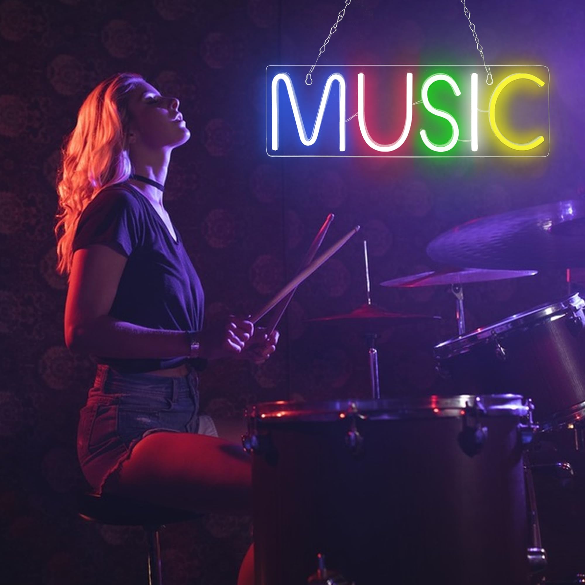 BringLuck2U Neon Light Music Neon Sign For Wall Decor Lettere Colorate Sign Music Word Led Neons Per Camera Da Letto Sala Giochi Club Bar Decorazione Per Feste