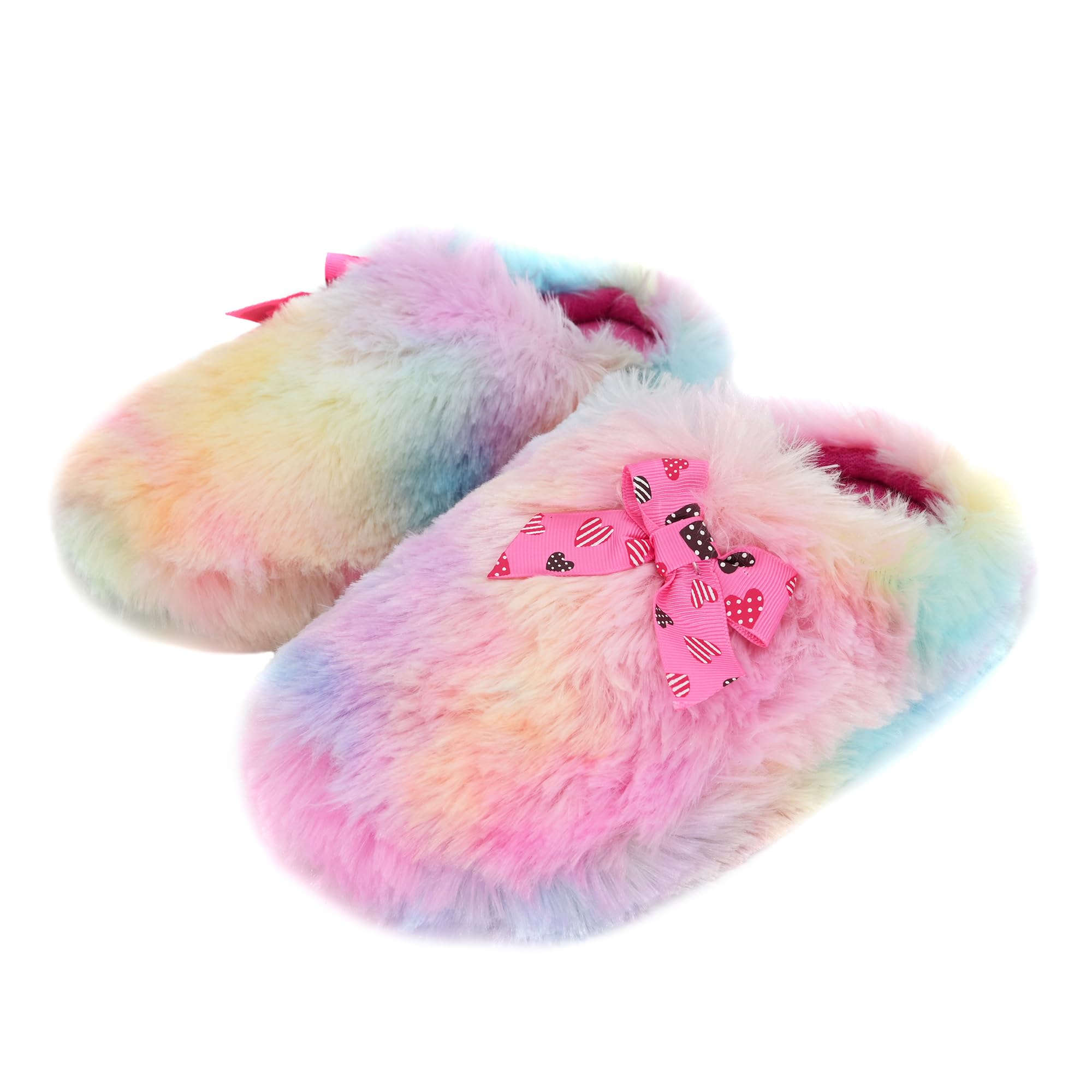 Onmygogo Girls Fuzzy Winter Indoor Slippers with Floral Bowknot, Warm Cozy Plush House Slippers for Little Big Kids Girls