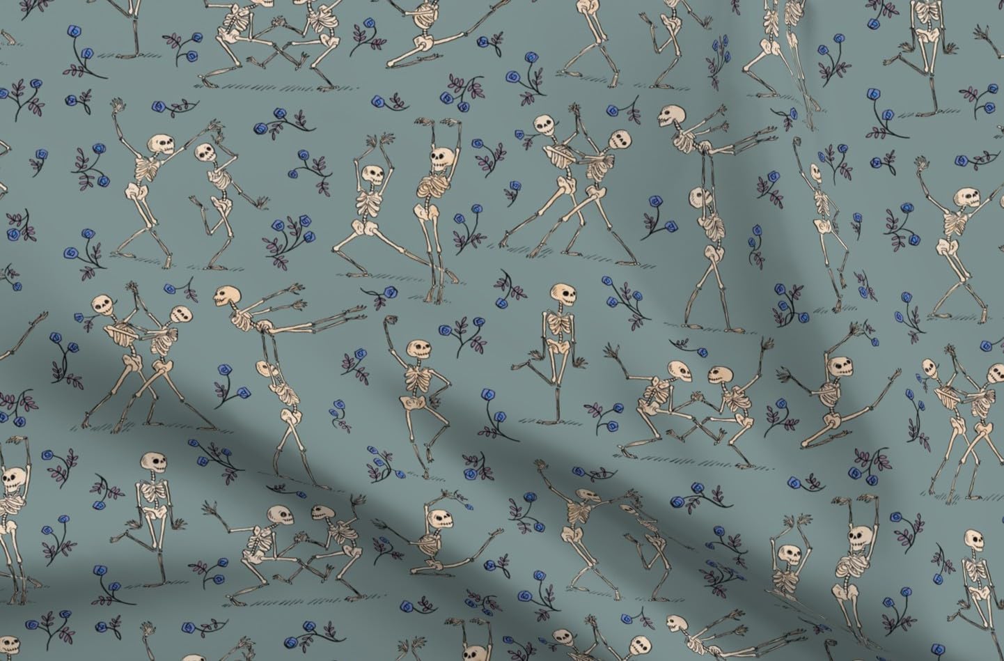 Spoonflower Fabric - Dancing Skeletons Gothic Bones Roses Halloween Spooky Dance Danse Printed on Petal Cotton Fabric Fat Quarter - Sewing Quilting Apparel Crafts Decor