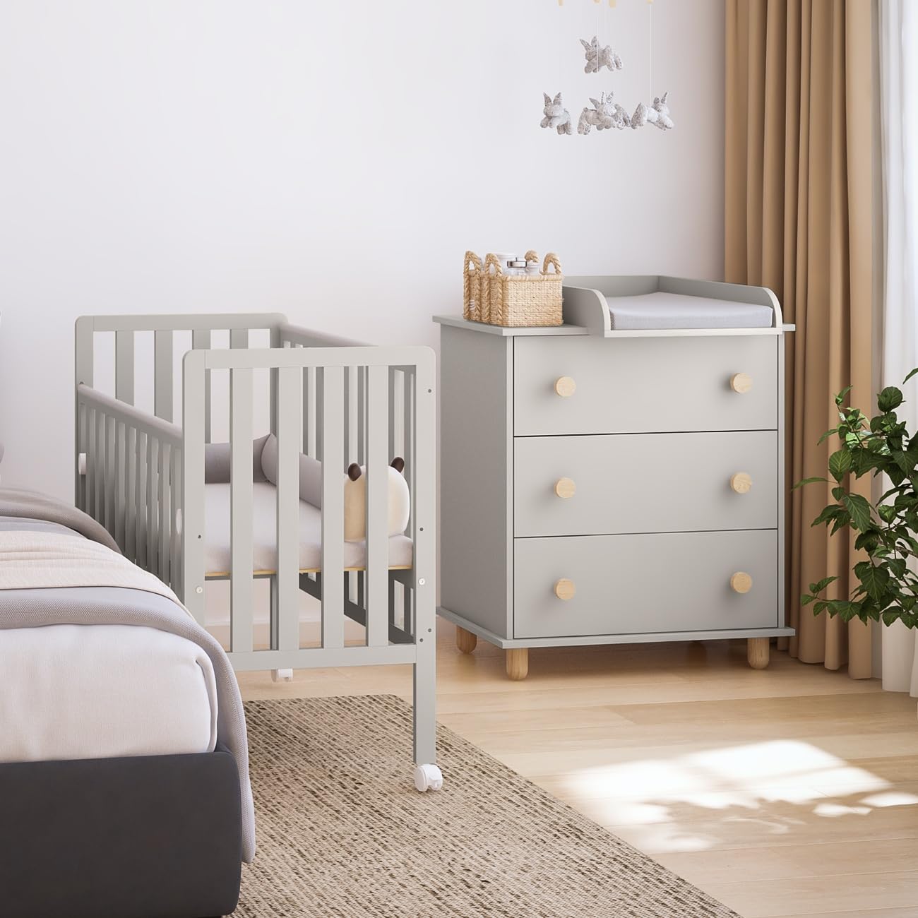 zee Bambi Cachemira Conjunto Cuna Colecho para Bebé con Ruedas y Cómoda Cambiador, Cuna Regulable en 3 Alturas con Lateral Abatible, Estilo Escandinavo
