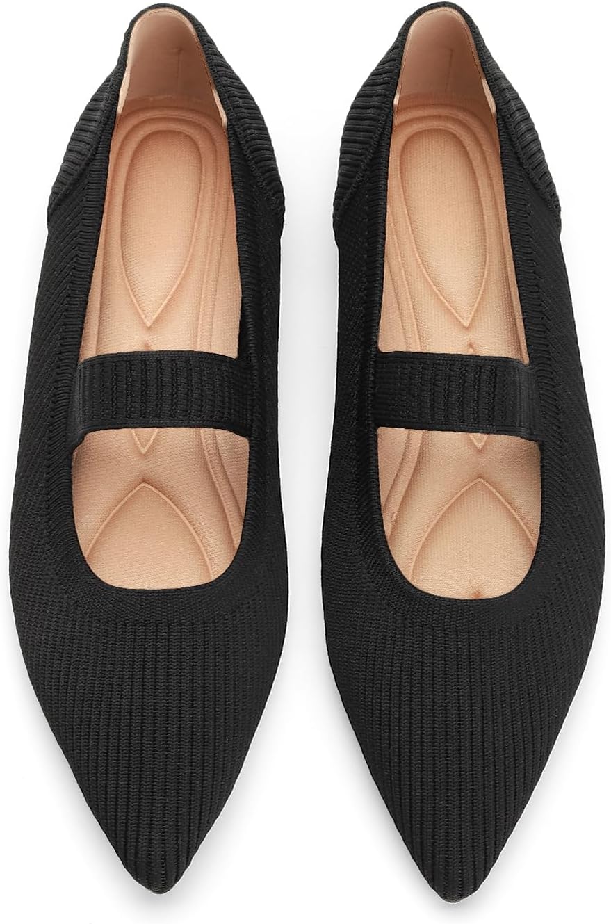 Flats for Women Pointed Toe Knit Foldable Ballet Women's Fat Shoes Dressy Comfortable Slip On Womens Shoe for Casual Office Work
