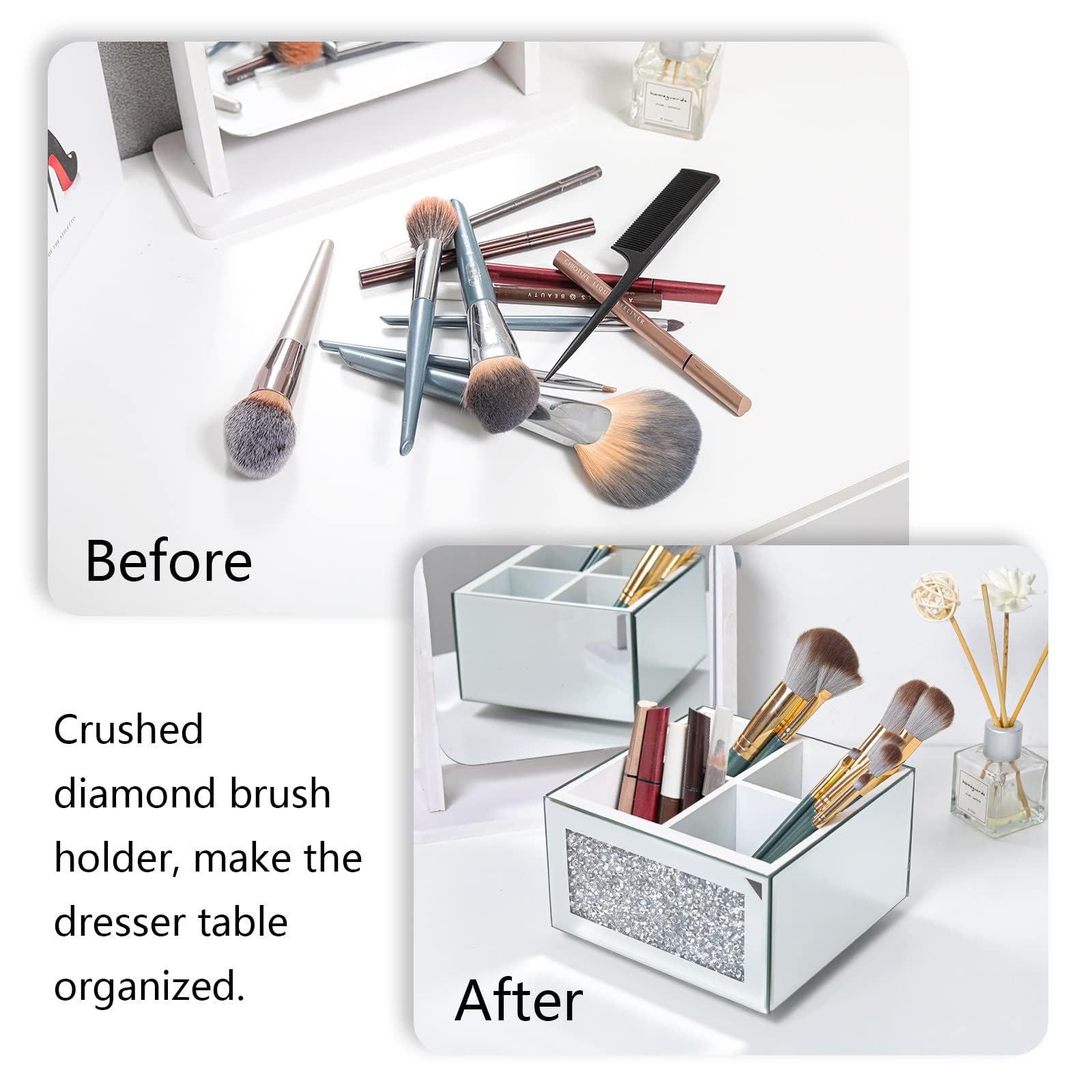 Organizador de brochas de maquillaje giratorio de 360 grados, plateado brillante, 4 ranuras, cristal de diamante triturado, almacenamiento de brochas de cosméticos, delineadores de ojos