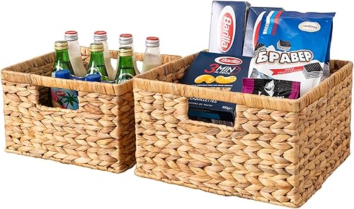 Miniatura 1 de OEHID Cestas de almacenamiento de jacinto de agua, cestas de almacenamiento de ratán tejidas a mano para organizar, cestas rectangulares de mimbre