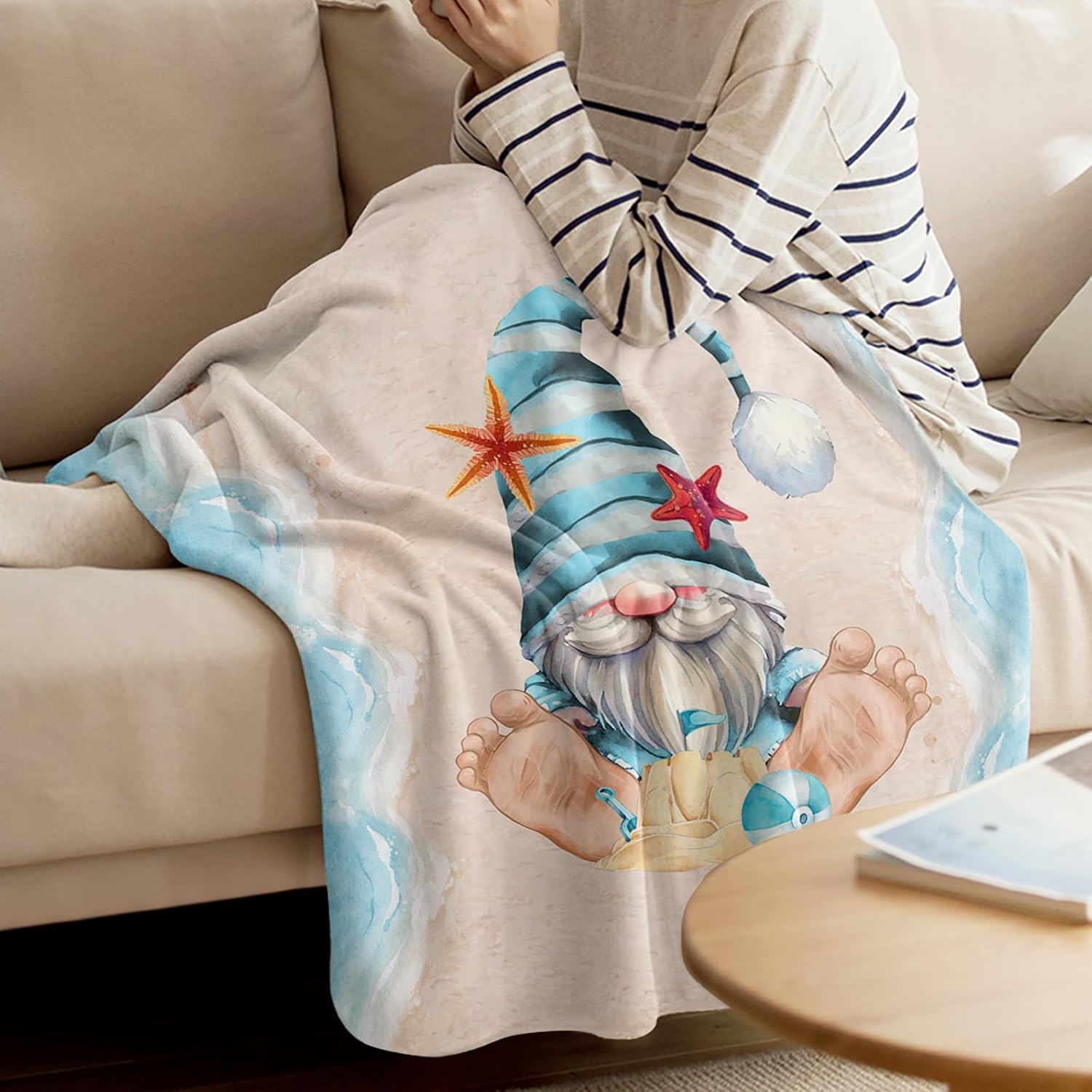 Throw Blanket,Summer Beach Gnome Starfish Sea Shell Ball Super Soft Microfiber Warm Blanket for Couch Lightweight Blanket for Bed Chairs,50x60 Inch