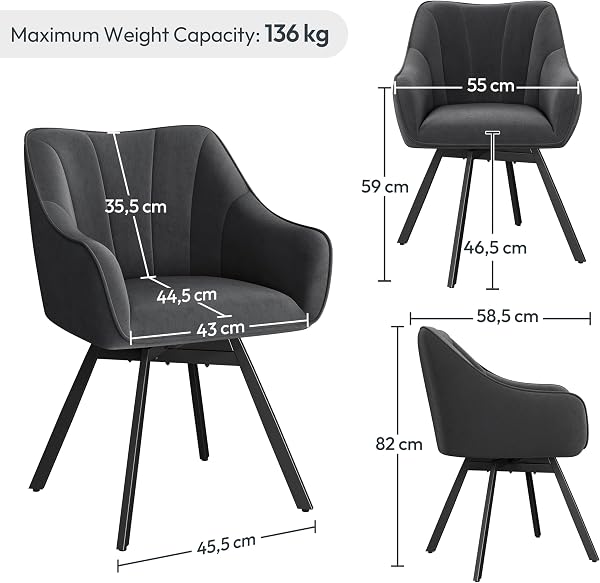 Yaheetech Swivel Dining Chair with Armrests and Backrest, Modern Velvet Side with Metal Legs and Rotating Seat,Kitchen Chair for Dining Room,Living Room,Bedroom,Office,Gray - 2