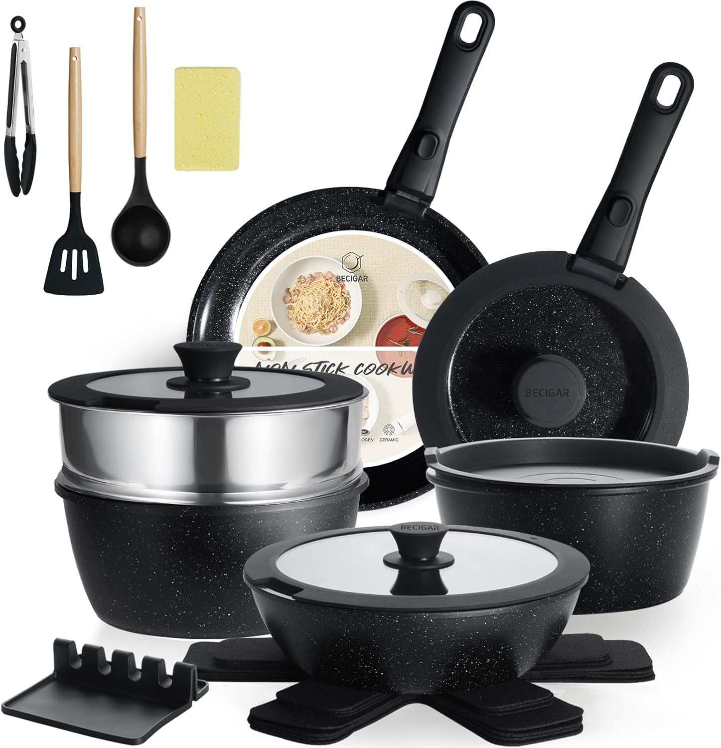 Nonstick Ceramic Cookware Set 21PCS with Detachable Handle, Pans and Pots Set, RV Kitchen Set Cookware Set, Pan Pots with Removable Handles, Oven Safe, Induction Ready(Black)