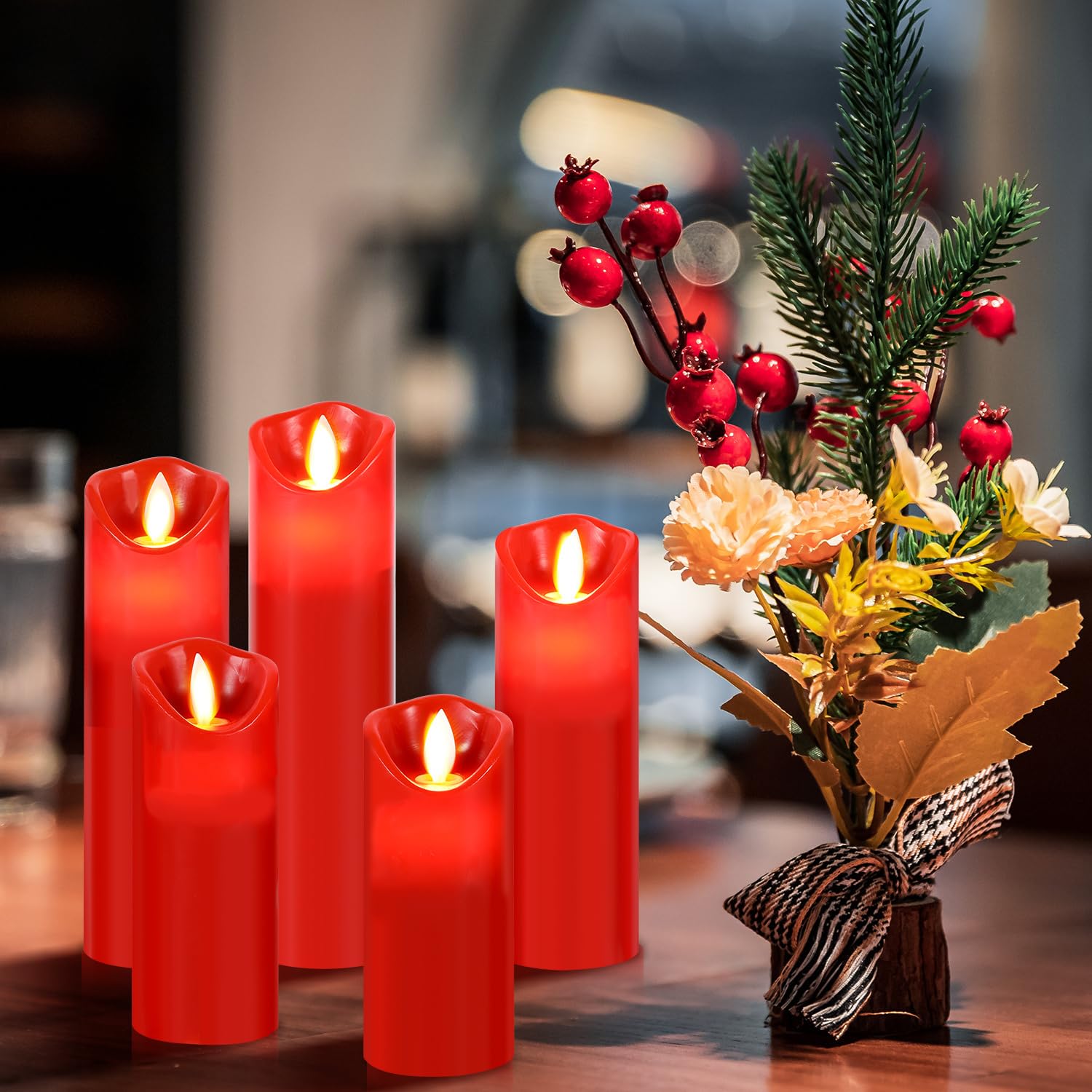 Czerwone świece LED z pilotem zdalnego sterowania, 5 sztuk, zasilane bateriami, zestaw migoczących świec, realistyczne, bezpłomieniowe świece na Boże Narodzenie, imprezę, świąteczną