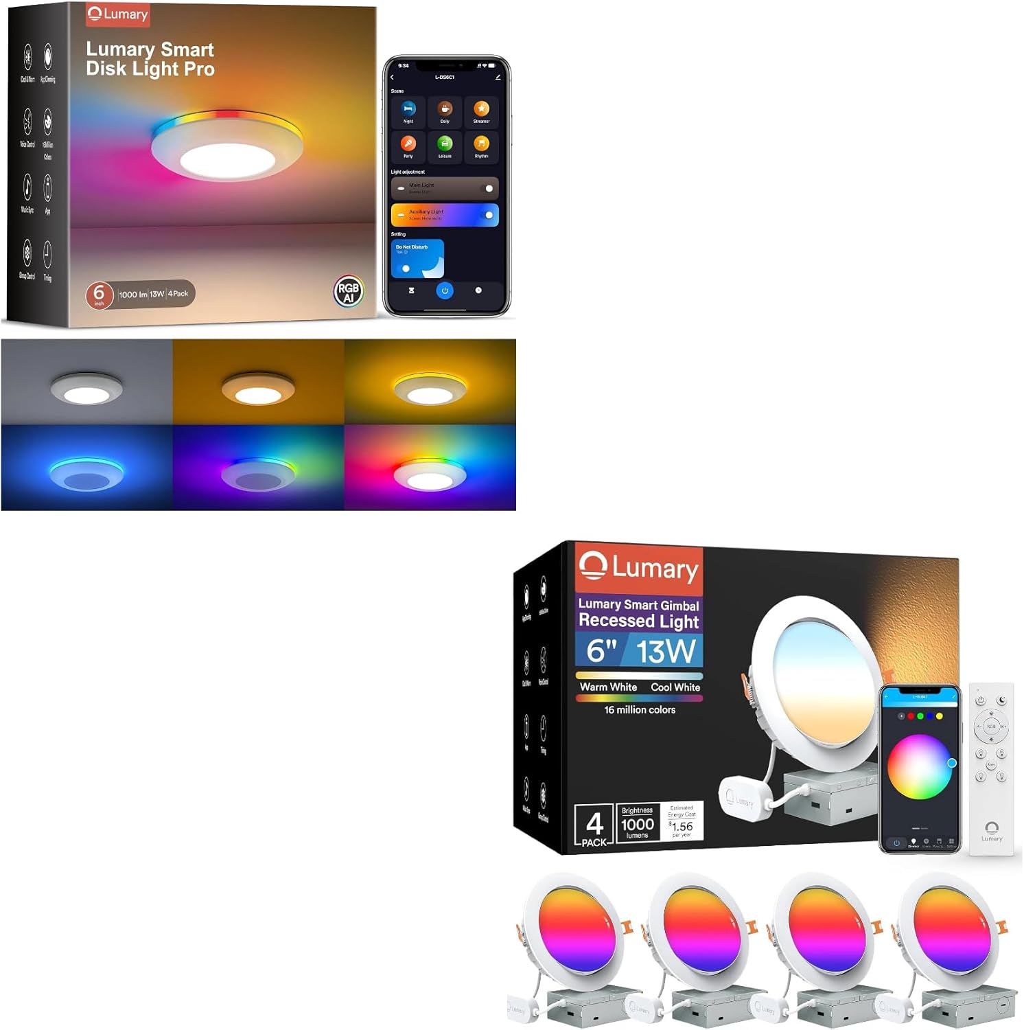 Lumary Smart Gimbal Recessed Lighting 6 Inch with Remote 5/6 Inch Smart Led Disk Light Pro