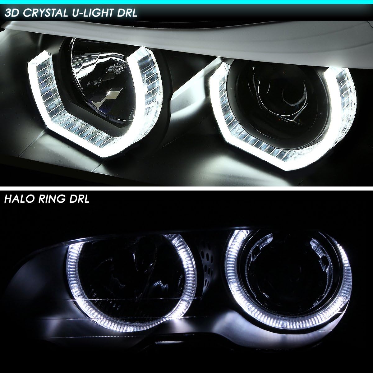 DNA MOTORING HL-3D-E9005-BK Black 3D Halo Ring Headlights High Low Beam with Amber Turn Signals Compatible with 06-08 BMW 323i / 05-08 325i 4-Door Sedan