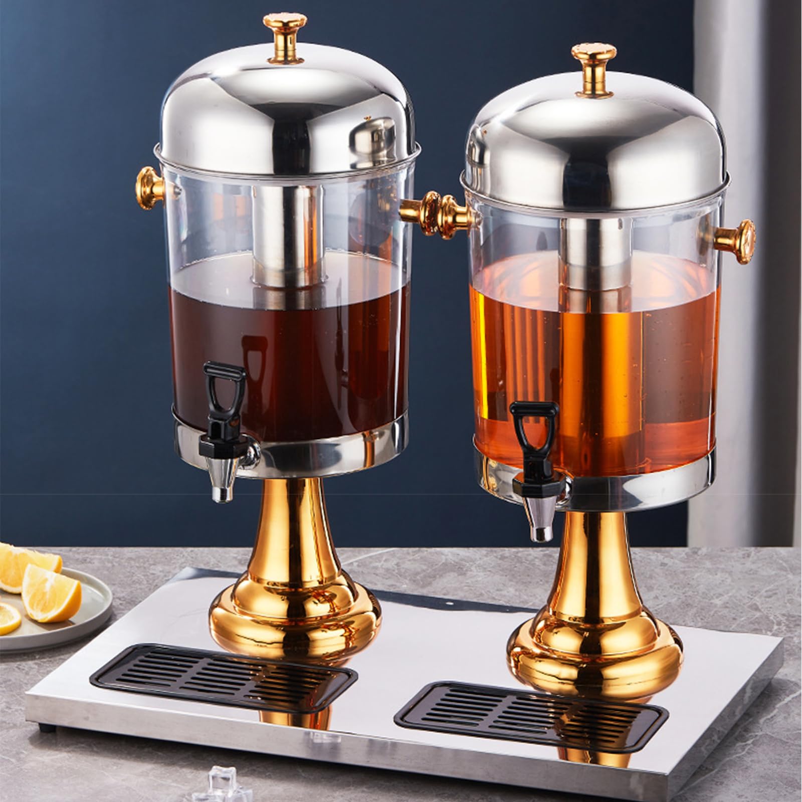 Dispenser per succhi di frutta, in acciaio inox, con rubinetto e contenitore per ghiaccio, per servire bevande fredde e calde, cocktail, acqua e rinfreschi refrigerati