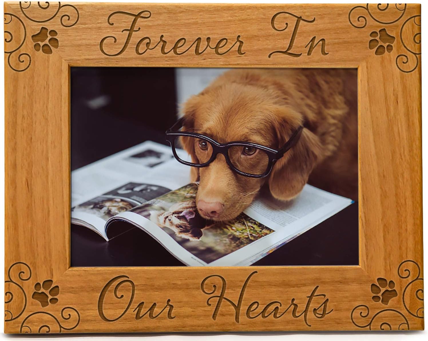 CEDAR CRATE MARKET Forever in Our Hearts Pet Picture Frame Engraved Natural Wood, Fits a 5x7 Horizontal Portrait, Dog Picture Frame, Dog Mom Gifts