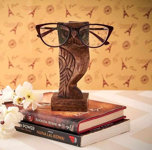 Eximious India Gift for Teachers Eye glasses Holder Stand for Desk Owl Design Retainers for Men Wooden Display Home and Office Desk Organizer Him Her Mom Dad