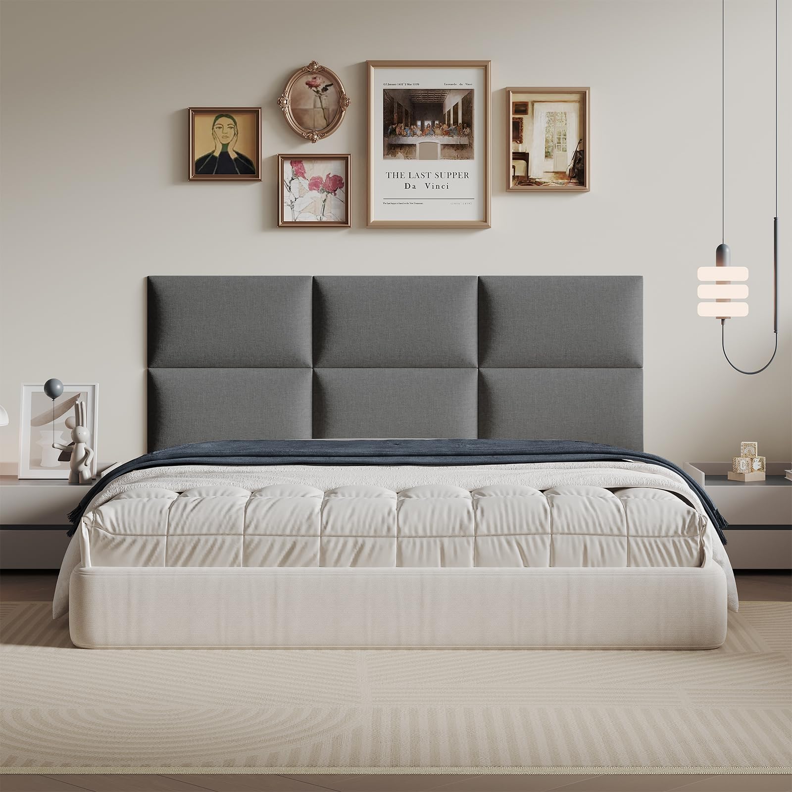 Modern Dark Grey Linen Fabric Headboard 24x12 Inch 9 Panel Set - Fits Queen, King and Full Beds Adjustable Bed Frame Friendly