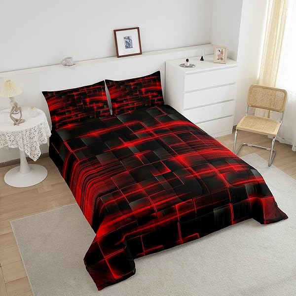 Feelyou Feelyou Red Black Bedding Set Twin Size Boys Girls Geometric Strip Lines Comforter Set for Kids Comforter Abstract Modern Duvet Set Room Decor Duvet Set with 1 Pillow Case in use