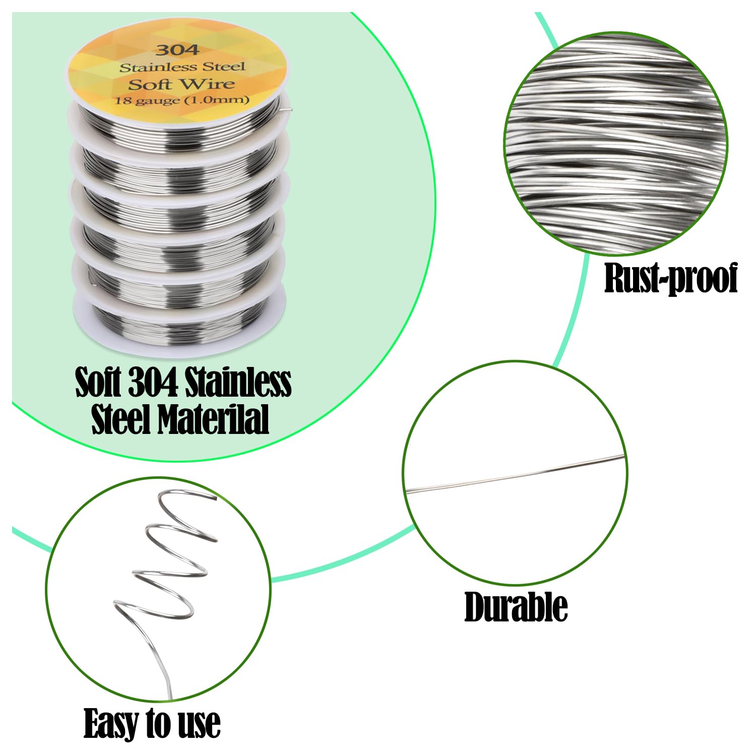LPBEADS 6 Sizes 304 Stainless Steel Wire for Jewelry Making - 18,20,22,24,26,28 Gauge Thin Metal Craft Wire for Necklaces,Bracelets,Beading and DIY Crafts