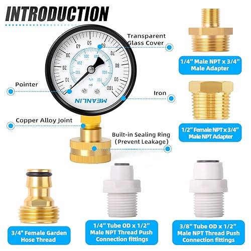Miniatura 4 de MEANLIN MEASURE Kit de presión de agua hembra de 0  100 psi, 34 pulgadas más 5 adaptadores, dial de cara de 2.5 pulgadas, kit de manómetro