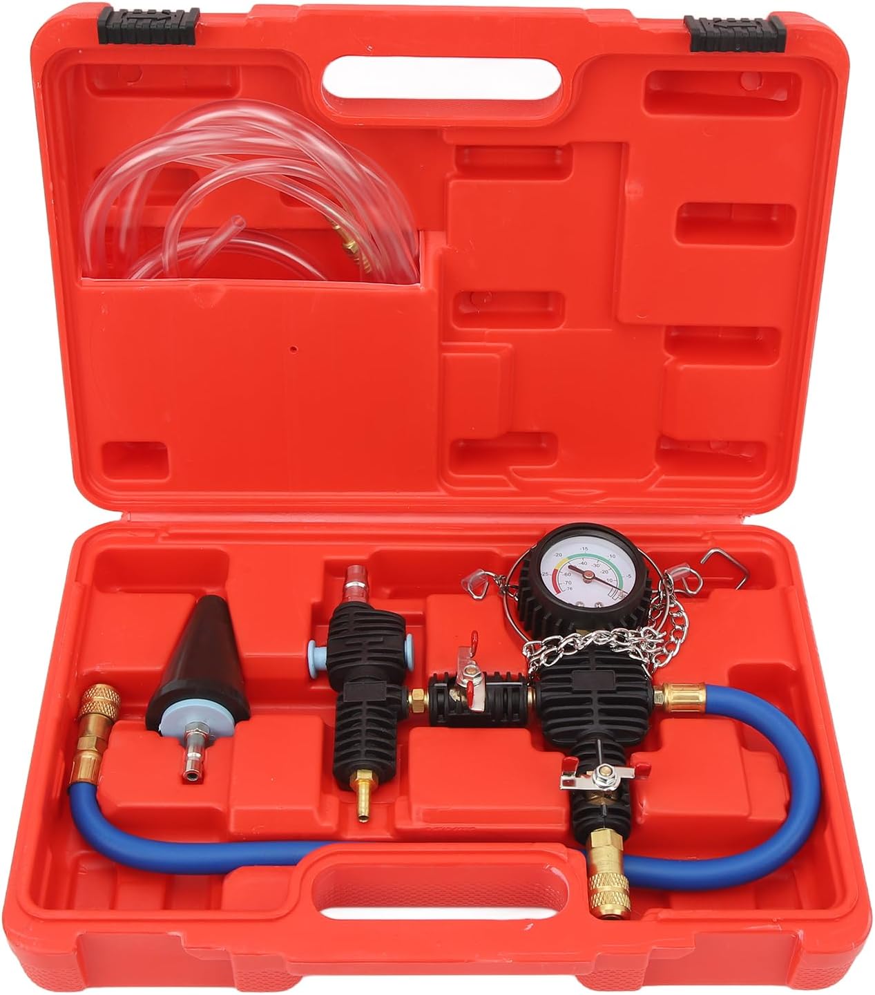 Coolant Refill Tool Kit with 90 PSI Gauge, Vacuum Pressure Tester, Flexible Hose & Tapered Adapter, Universal Fit for Cars Trucks SUVs