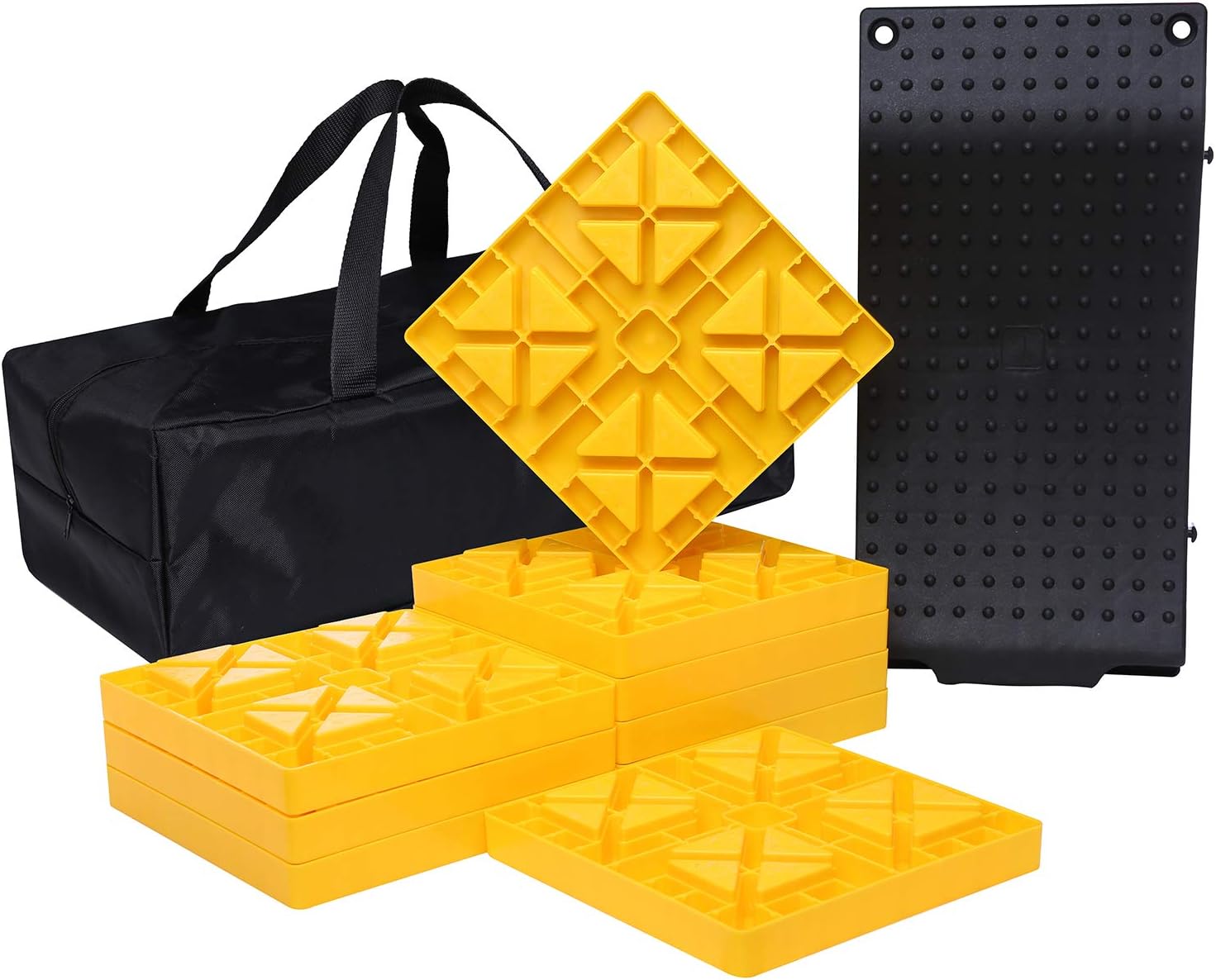 Homeon Wheels RV Leveling Blocks One Top Tire Wheel Chock and 9 Pack Interlocking Leveling Blocks with Carrying Bag Heavy Duty Camper Leveling Blocks and Chocks Anti-Slip Pads Design Yellow Black