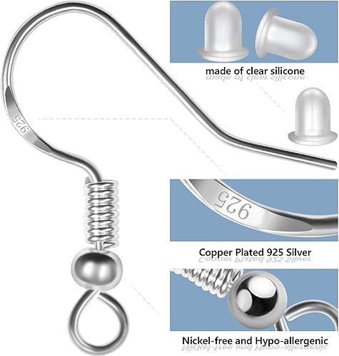 Miniatura 4 de Ganchos chapados en plata de ley 925, 150 piezas/75 pares, ganchos de pez, 500 piezas hipoalergénicas para hacer aretes con anillos de salto