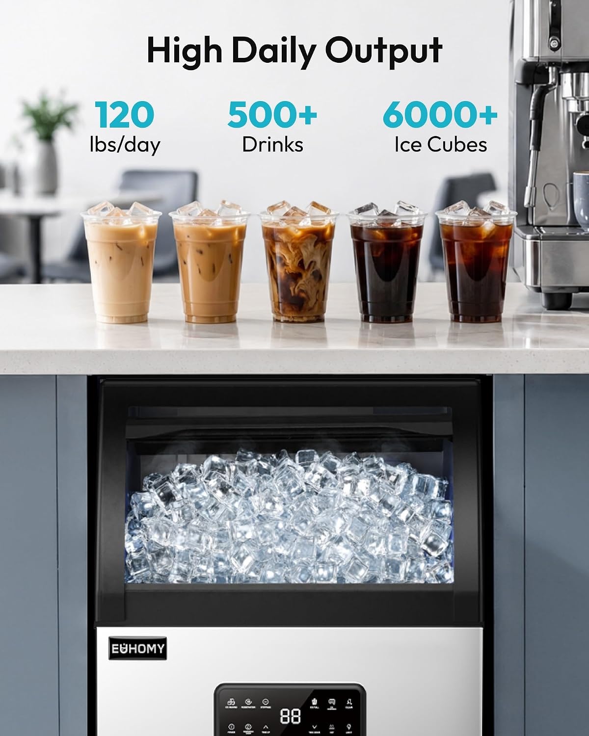 EUHOMY Commercial Ice Maker,120lbs/24H,Under Counter,33lbs Bin,Water Filter | Freestanding/Built-in Stainless Steel Commercial Ice Machine; 24H Timer, Auto-cleaning; for Bar, Cafe, Restaurant, Home image 3