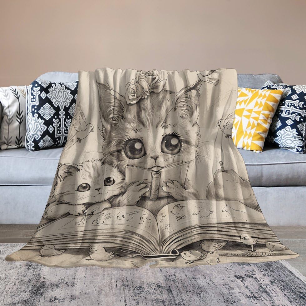 Couverture légère en flanelle douce imprimé chat pour lit et canapé