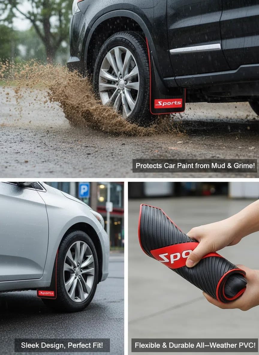 Universal Mud Flaps 4PCS for Cars & SUVs - 43cm Flexible & Thick (0.2in) Splash Guards, Drill-Mount Installation with Rust-Proof Screws - Engineered to Flex, Not Crack