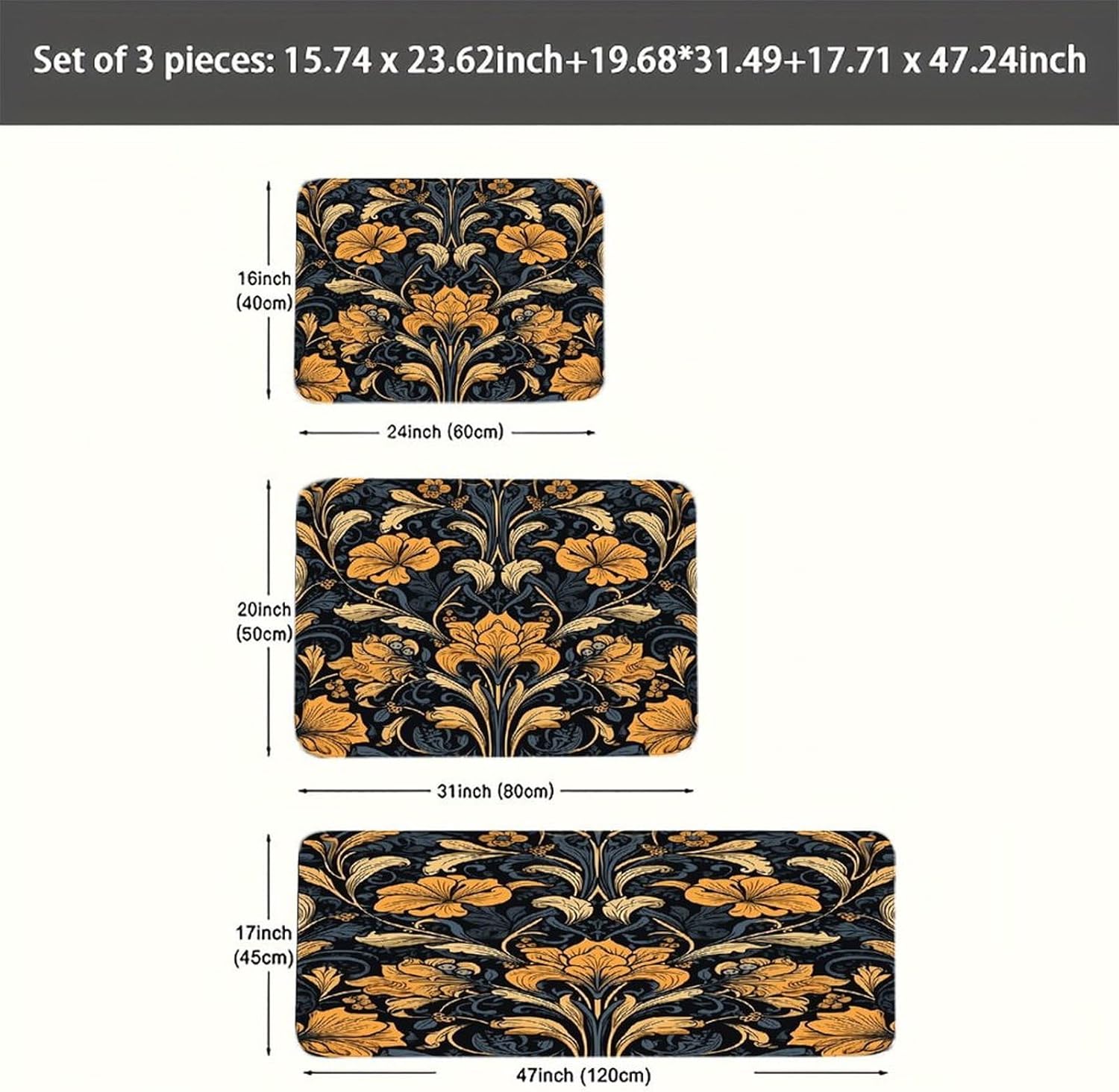 Old Style Flowers Kitchen Mat Set of 3 Waterproof Floor Mats Non-Slip Kitchen Rugs Premium Flannel Rug Heavy Duty Standing Mat for Kitchen Home Bathroom Laundry